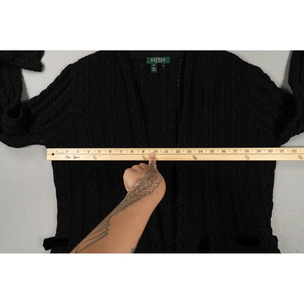 Lauren Ralph Lauren Petite Black Cable Knit Velvet Tie Cardigan Sweater PL - Picture 10 of 10